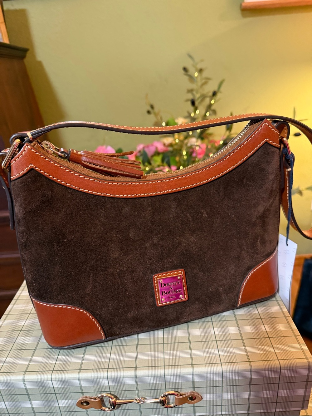 Dooney & Bourke Dixon Small Brown Suede and Tan Leather Hobo Bag